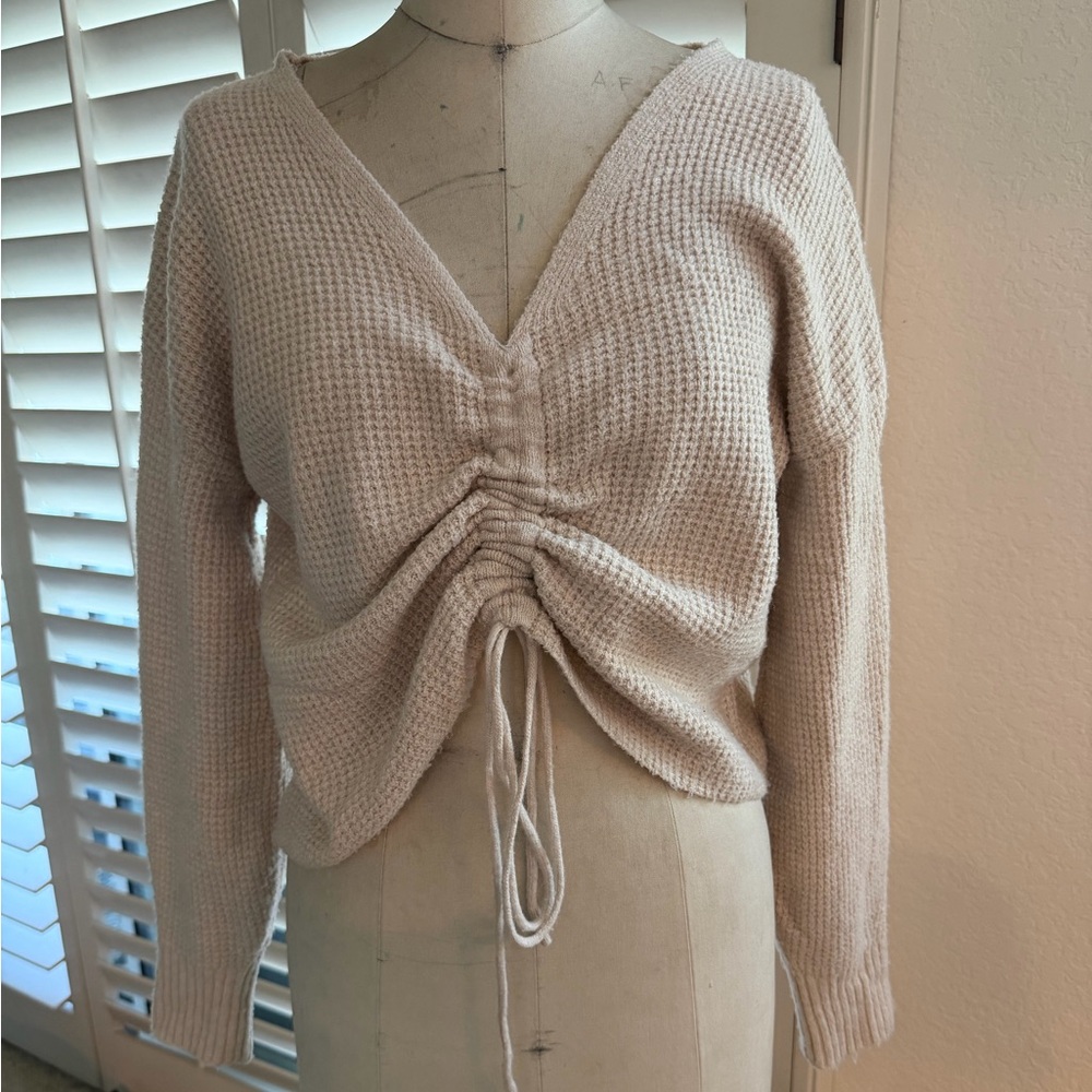 Cream Knit Sweater with Drawstring Detail